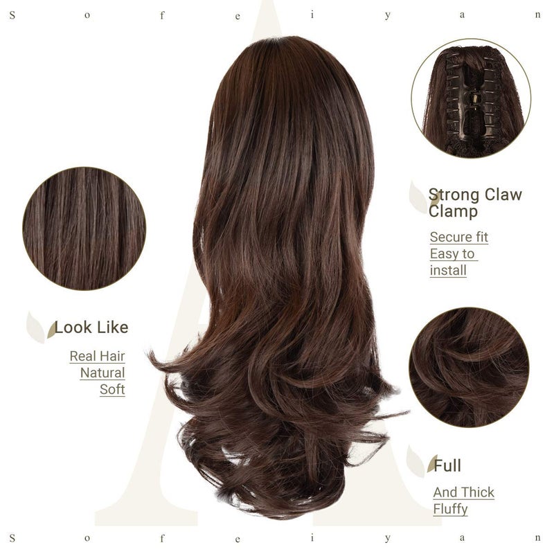 SOFEIYAN 13" Ponytail Extension Long Curly Ponytail Clip in Claw Hair Extension Natural Looking Synthetic Hairpiece for Women, Brown & Light Auburn Mixed - Image 3